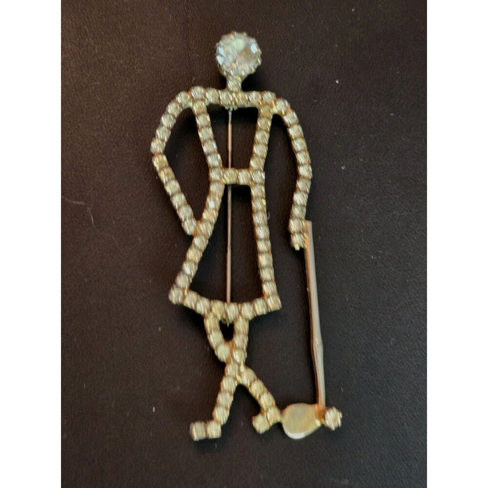 Vintage Rhinestone Golfer Brooch Silver Tone Golf Club Stick Figure Pin #881